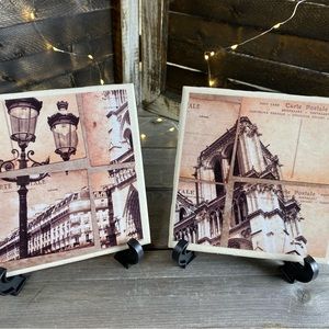 Set Of 2 Decoupage Ceramic Tiles Pictures On Corner Stands